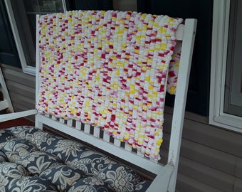 Hand Knit Pom Pom Baby Blanket White/Pink/Yellow