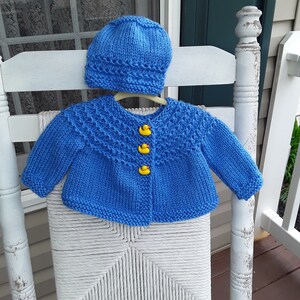 Hand Knitted - Blue Baby Sweater with Duck Buttons and Matching Hat Set