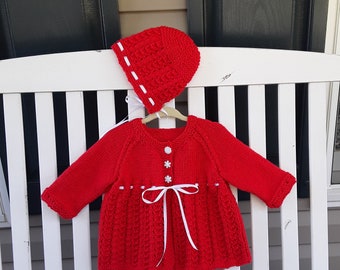 Knitted Christmas Red Baby Cardigan/Sweater and Hat Set with Snowflake Buttons