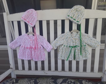 Knitted Green or Pink Baby Cardigan with Ribbon
