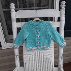 Hand Knitted - Teal/Blue/Green Child&#39;s Sweater with Pink Trim and Easter Bunny Buttons