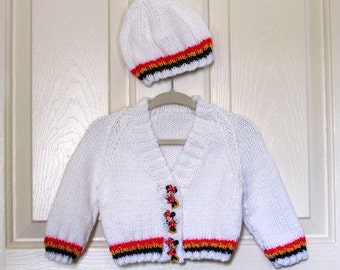 Hand Knitted - White Baby Sweater and Hat Set with Red/Black/Yellow Trim and Matching Minnie Mouse Buttons