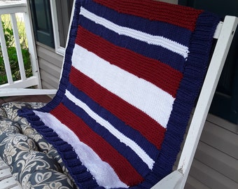 Hand Knitted - Blanket/Throw/Afghan Red (rust), White, and Blue