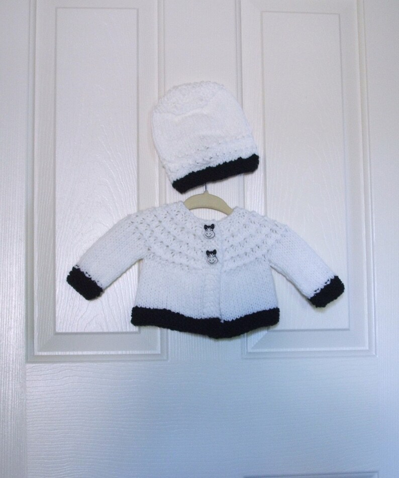 Hand Knitted White and Black Baby Cardigan/Sweater and Hat Etsy