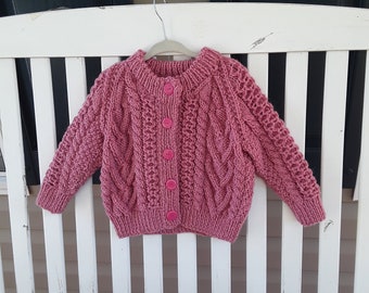 Hand Knitted - Pink Aran Childs Cardigan