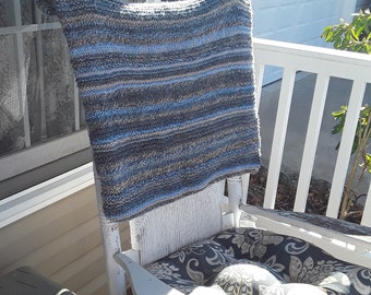 Hand Knitted - Blanket/Large Throw Blue/Beige/Gray