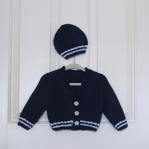 Hand Knitted Dark Blue Boy Sweater and Hat Set with Matching Anchor Buttons