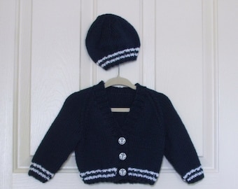 Hand Knitted Dark Blue Boy Sweater and Hat Set with Matching Anchor Buttons