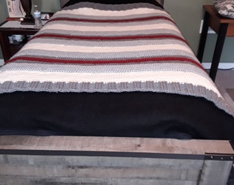 Hand Knitted - Big Blanket (twin)/Large Throw Greys, Cream and Burgundy
