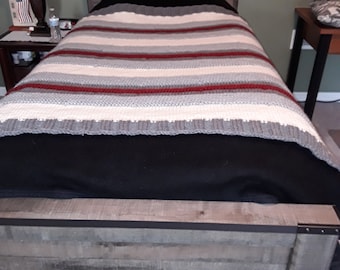 Hand Knitted - Big Blanket (twin)/Large Throw Greys, Cream and Burgundy