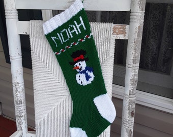 Hand Knitted - Personalized Knitted Christmas Stocking in Green with Snowman