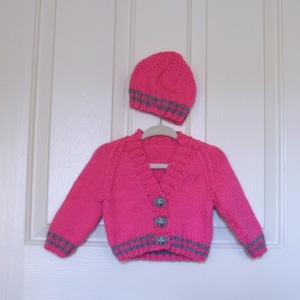 Hand Knitted - Pink Baby Sweater and Hat Set with Grey Trim and Elephant Buttons