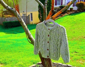 Hand Knitted - Aran Heather Green Fleck Cable Child Cardigan