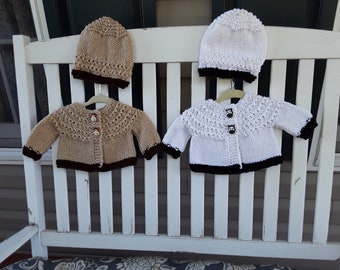 Hand Knitted - White Baby Cardigan with Zebra buttons or Brown Baby Cardigan with Giraffe buttons