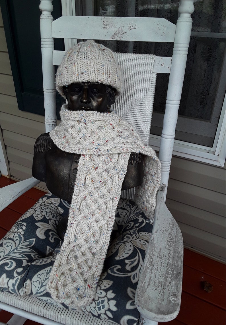 Hand Knitted Irish Cable Scarf or Hat Red Fleck, Blue Fleck,Tan Fleck, and Cream Fleck, Grey Fleck, or Brown Fleck image 5