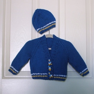 Hand Knitted - Blue Baby Sweater with Matching Hat Set  with Yellow and White Trim and Donald Duck Butons
