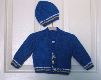Hand Knitted - Blue Baby Sweater with Matching Hat Set  with Yellow and White Trim and Donald Duck Butons