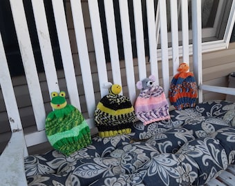 Hand Knitted - Baby/Toddler Hats with Goldfish, Frog, Bee, and Mouse.