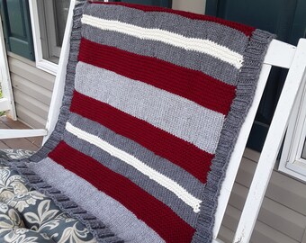 Hand Knitted - Blanket/Throw Greys, Cream and Burgundy
