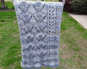 Hand Knitted - Blue/BrownMix Colored Large Throw/Afghan