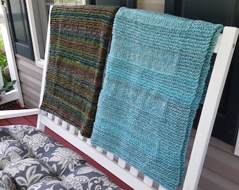 Hand Knitted - Throw/Lap Blanket Green/Purple or Blue/ Grey