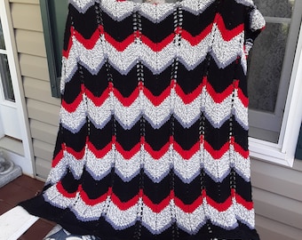 Hand Knitted - Grey, Black and Red Throw/Afghan