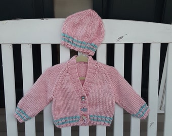 Hand Knitted - Pink Baby/Child Sweater and Hat Set with Matching Mermaid Buttons