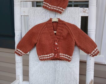 Hand Knitted Brown and Cream Baby Boy Sweater and Hat Set with Fox Buttons