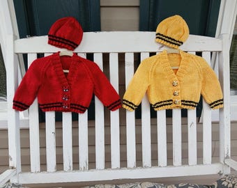 Hand Knitted - Yellow or Red Baby Sweater/Hat Set with Black Trim and Bee/Ladybug Buttons
