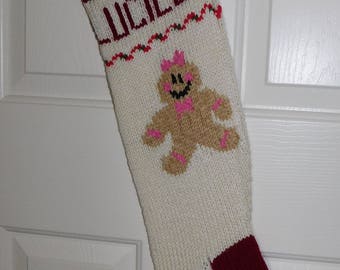 Hand Knitted - Personalized Knitted Christmas Stocking, Cream, Burgundy and Dark Green with Gingerbread Girl