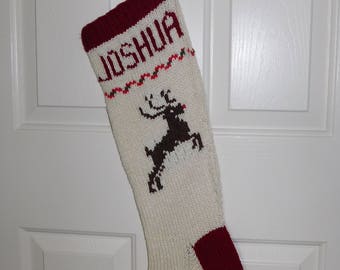 Hand Knitted - Personalized Christmas Stocking, Cream, Burgundy, Dark Green with Rudolph Reindeer