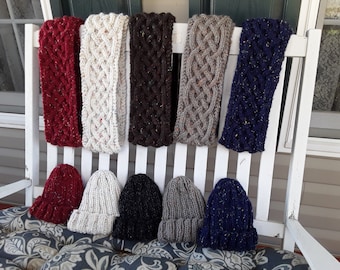 Hand Knitted - Irish Cable Scarf or Hat Red Fleck, Blue Fleck,Tan Fleck, and Cream Fleck, Grey Fleck, or Brown Fleck
