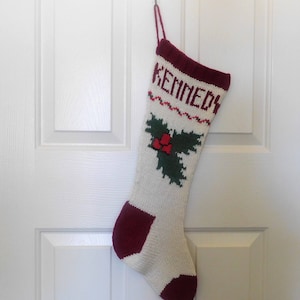 ORDER EARLY    Hand Knitted - Personalized Knitted Christmas Stocking, Cream, Burgundy and Dark Green