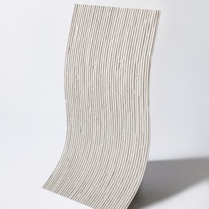 K&ouml;nnte beinhalten: Eine rechteckige, cremewei&szlig;e Platte mit einer Reihe vertikaler, erhabener, paralleler Rippen, die ein strukturiertes, lineares Muster bilden. Die Platte ist S-f&ouml;rmig gebogen und steht aufrecht mit einer durchgehend matten Oberfl&auml;che.