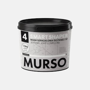 Può includere: Un contenitore di plastica bianco e nero di Murso Smart Shaper, composto per giunti di pannelli 3D. Il contenitore ha un coperchio nero e mostra il numero 4, il peso 1,5 kg e l'area 1,5 m². Il testo "MURSO" è ben visibile.
