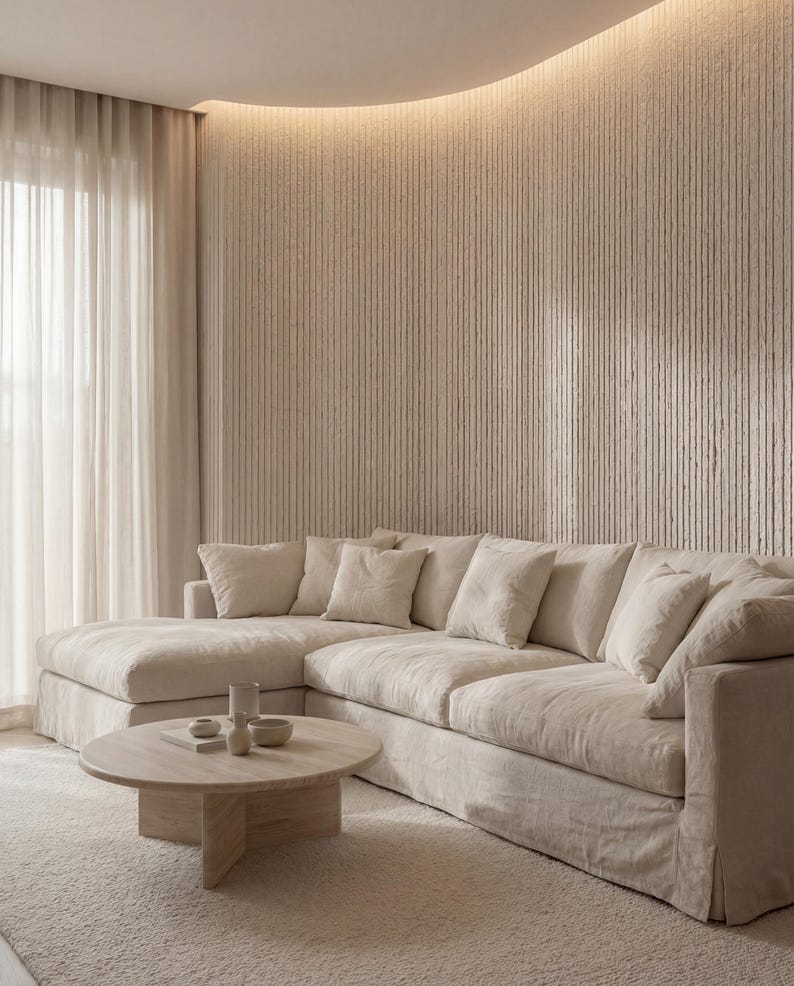 K&ouml;nnte beinhalten: Ein beiges Ecksofa mit mehreren passenden Zierkissen, kombiniert mit einem runden Couchtisch aus Holz mit kreuzf&ouml;rmigem Fu&szlig;. Die M&ouml;bel stehen vor einer strukturierten Wand mit vertikalen Rillen und integrierter indirekter Beleuchtung.