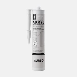 Può includere: Un tubo bianco di stucco acrilico leggero "MASTER FILLER AKRYL" con ugello e applicatore. Il tubo ha testo nero e un grafico che mostra l'applicazione su un pannello 3D. Il marchio "MURSO" è in basso.