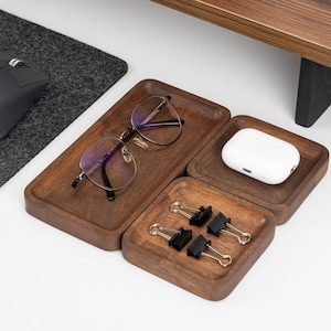 Oak & Walnut Wood Organizer Set: Desk Tray Set