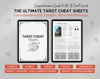 May include: Two black tablets displaying tarot cheat sheets. One tablet shows the title "Tarot Cheat Sheets" with a decorative emblem. The other tablet displays a tarot card and related information. The image includes text about elements, planets, zodiacs, chakras, and numerology.