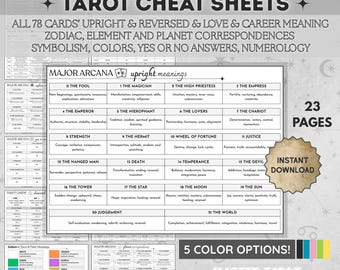 May include: Tarot cheat sheets digital download. Includes all 78 cards' upright and reversed meanings, zodiac, element, and planet correspondences. Features 23 pages with 5 color options. Master tarot quickly and easily.