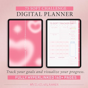 以下が含まれることがあります： ピンクと白のグラデーションの背景を持つデジタルプランナー。このプランナーは、ユーザーが75日間のチャレンジの進捗状況を追跡するのに役立ちます。画像の上部には「75 Soft Challenge Digital Planner」というテキストが表示されています。画像の右側には「75 Soft Tracker Day 1」というテキストが表示されています。