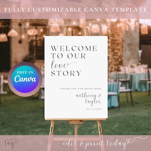 Witamy w naszym znaku ślubnym Love Story | Dostosowywalne oznakowanie | Dziękujemy za to, że tu jesteś | Nowoczesne wesele | Szablon Canva do pobrania w wersji cyfrowej