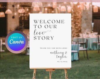 Welcome to Our Love Story Wedding Sign | Customizable Signage | Thank You For Being Here | Modern Wedding | Canva Template Digital Download