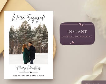 Minimalist Arch Christmas Card | 'We're Engaged' Holiday Announcement | Custom Winter Engagement Printable | Digital Download Canva Template