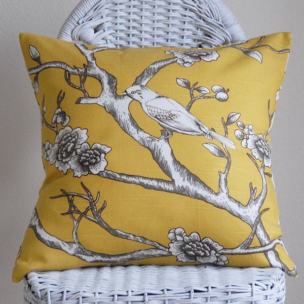 One Dwell Studio Vintage Blossoms Bird in Citrine Pillow Cover 20x20 Cushion Cover