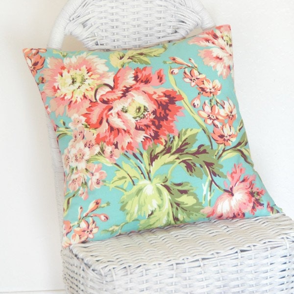 Bliss Bouquet in Teal and Rose and Sunspots in Wine by Amy Butler 16x16 Pillow Cover