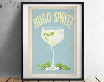 May include: A vintage-style poster with a blue background featuring a glass of Hugo Spritz with mint leaves. The text "Hugo Spritz" is in yellow letters.