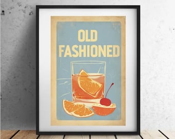 Old Fashioned Cocktail, Vintage Bar Decor, Printable Wall Art, Digital Download
