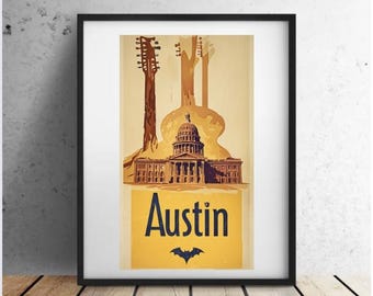 Austin, Texas, Vintage, Arte mural imprimible, Descarga digital