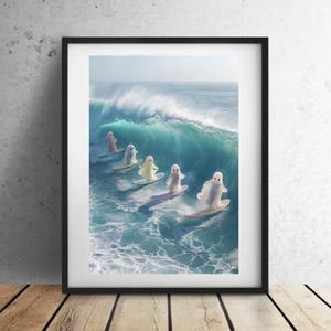 Cute Ghosts Surfing Print, Whimsical Halloween Decor, Printable Wall Art, Digital Download